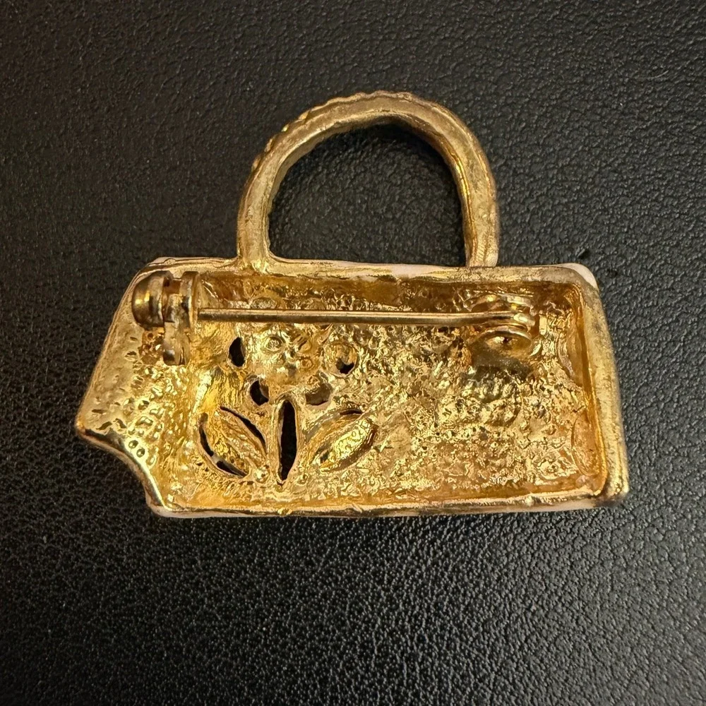 Rhinestone Handbag Brooch Enamel Gold Tone Foral